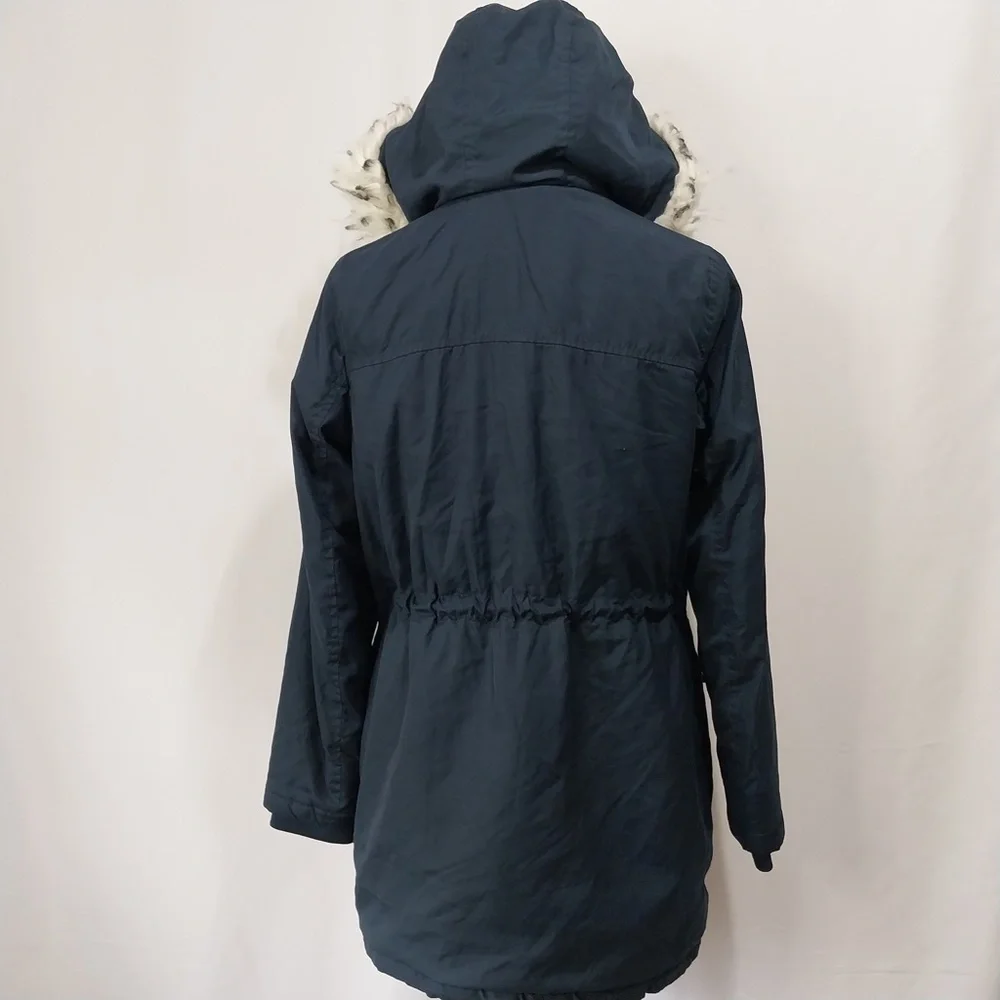 Tiffosi Navy Blue Hooded White Faux Fur Zip Up Button Down Long Sleeve Jacket M - Picture 13 of 15